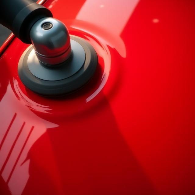 Close-up of orbital buffer on red paint