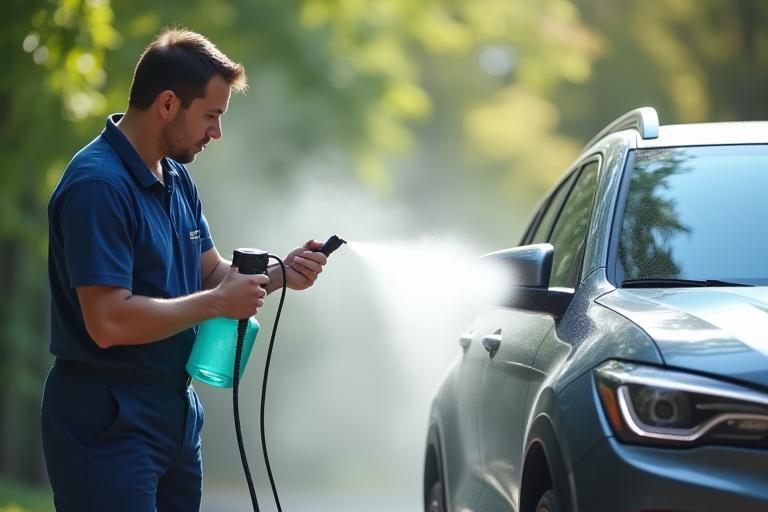 Technician spraying waterless solution on SUV