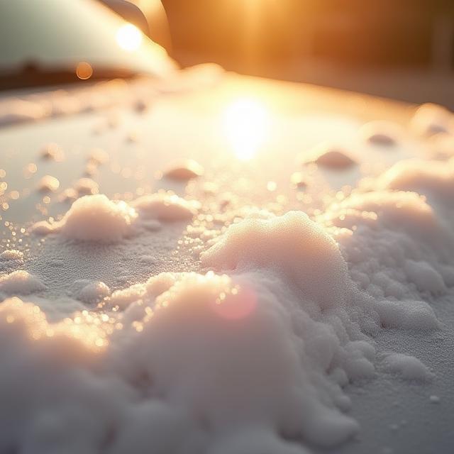 Close-up of suds on a vehicle under sunlight